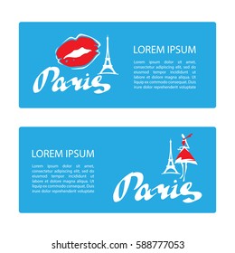 Two blue frames with lips and fashion girl isolated on white background. Romantic templates for banners or greeting cards.