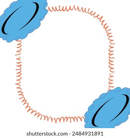 Zwei blaue, unscharfe Kreise, die durch eine Feder verbunden sind, verspieltes und abstraktes Design, perfekt für naturwissenschaftliche oder technologische Konzepte.