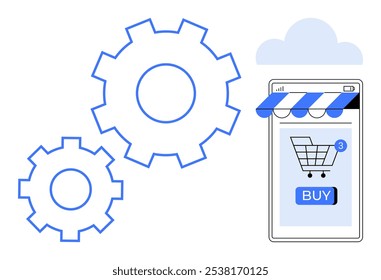 Duas engrenagens azuis, uma tela de smartphone com um carrinho de compras e um botão Comprar, e uma forma de nuvem. Ideal para compras on-line, automação, comércio eletrônico, transações digitais e avanços tecnológicos