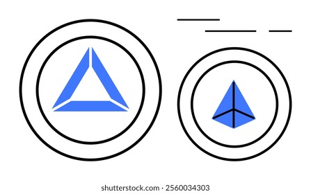 Two blue geometric triangles, one larger and one smaller, are enclosed in concentric circles. The composition is minimal and modern, with additional thin black lines on top. Ideal for technology