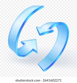 Two blue glass arrows forming a continuous loop 3d icon , symbolizing recycling, refresh, update, or circular processes. Isolated on  transparent background. Vector illustration.