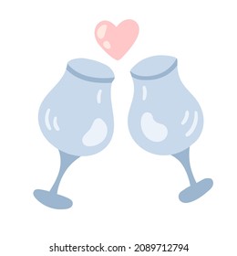 dos vasos azules para las bebidas y un corazón. linda ilustración de dibujos animados aislados vectoriales. impresión del día de boda o de San Valentín