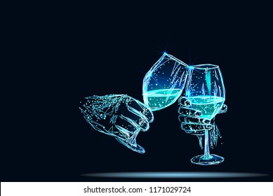 Two blue glowing glasses champagne sparkles. Happy New Year Valentine Day greeting card concept. Romantic love couple date low poly polygonal modern triangle. Alcohol vector wireframe