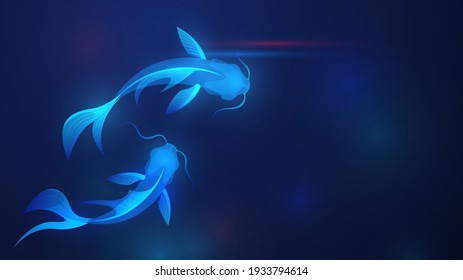 Dos peces koi brillantes azules sobre un fondo oscuro