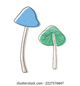 Two blue and green mushroom set. Abstract modern set of mushroom icons isolated on a white background. For internet, printing, product design, logo. Line, contour. Vector hand-drawn flat illustration.