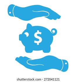 two blue  hands protecting piggy bank icon on a white background - vector illustration