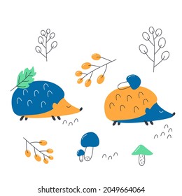 Two blue hedgehogs walking through the forest with berries and mushrooms. Vector illustration is great for fabric, textiles, prints, T-shirts