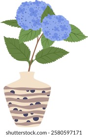 Two blue hydrangea flowers with green leaves standing in a beige vase with stripes and dots decorations, isolated on white background, home decoration, simple and elegant design