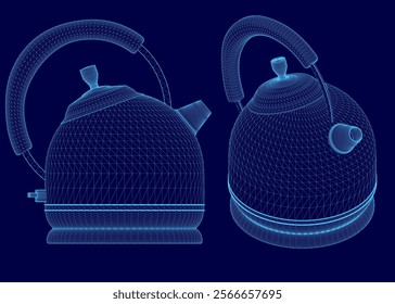 Two blue images of a teapot. One is a close up of the handle and the other is a close up of the lid
