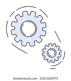 Two blue interlocking gears with dotted lines around them signify collaboration and mechanical engineering. Ideal for engineering, teamwork, machinery, technology, and system optimization. Clean, mini