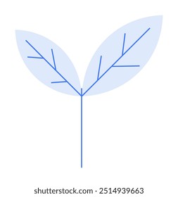 Two blue leaves branching from a central stem with simplistic vein details. Ideal for nature, growth symbolism, organic products, eco-friendly themes, botanical designs. Clean lines, minimalistic