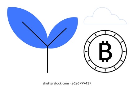 Two blue leaves paired with a Bitcoin symbol coin and a single cloud. Ideal for sustainability, fintech, investment, digital currency, eco-friendly technology, blockchain, and innovation. Line