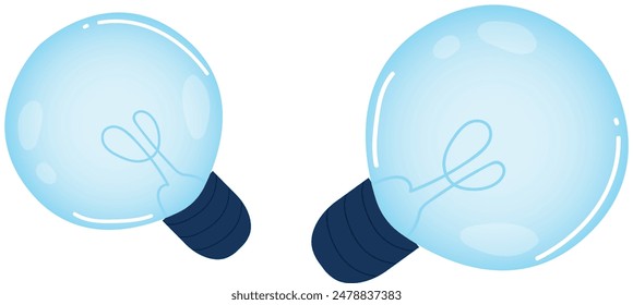 Dos bombillas azules ilustración de dibujos animados fondo blanco aislado. Bombillas de luz de vidrio transparente de tono azul fresco arte de línea simple. Concepto de idea creativa de iluminación eficiente energéticamente gráfico brillante