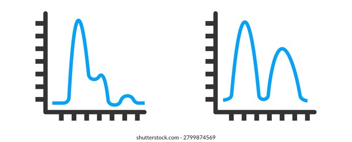Two blue line graphs on a black grid isolated on a white background, displaying data trends with varying peaks and troughs, suitable for presentations and reports