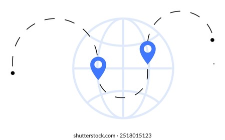 Two blue location pins on a globe with a dotted line connecting them, indicating travel or communication. Ideal for travel, logistics, global connectivity, navigation, and communication. Minimalist