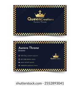 two blue Luxury Prints, Iconic Impressions business cards with gold crown and crown design.
