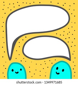 Two blue monsters talking with speech bubbles hand drawn illustration in cartoon style minimalism