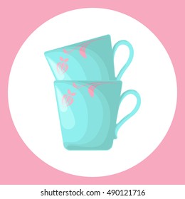 Two blue mugs isolated on white background. Blue mug with pink ornaments in a cartoon style. Vector illustration.