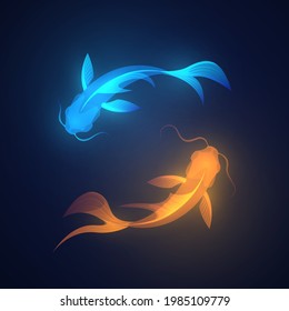 Two blue and orange glowing koi fish on a dark background, yin yang symbol