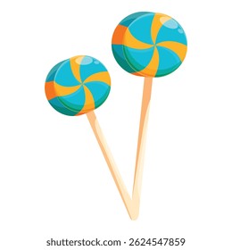 Two blue and orange swirl lollipops are standing on a white background