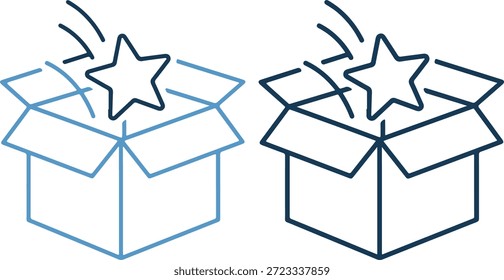 Dos iconos de caja delineados azules con estrellas sobre un fondo blanco puro, lo que indica sorpresa y emoción en la entrega y el embalaje
