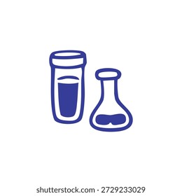 Two blue outlined laboratory glassware items, a test tube and an erlenmeyer flask, contain liquid on a white background.
