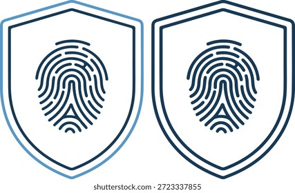 Dos iconos de escudo delineado azul con patrones de huellas dactilares sobre un fondo blanco puro, que representan la seguridad y la protección de la identidad
