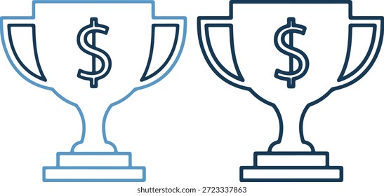 Dos iconos de trofeo delineados azules con signos de dólar sobre un fondo blanco puro, que simbolizan el éxito financiero y el logro