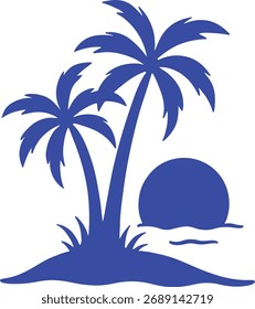 Duas palmeiras azuis em uma ilha com um sol azul sobre o pôr do sol azul tropical