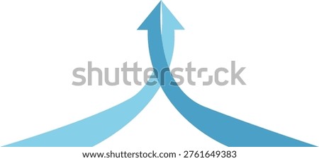 Two blue paths merging into single upward pointing arrow on white background icon	
