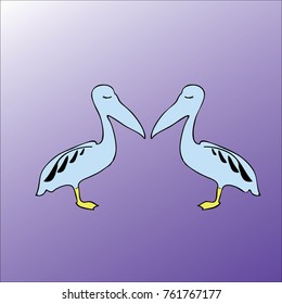 Two blue pelicans with patterned wings in profile, standing on one foot opposite each other with closed eyes. Silhouette of birds on a light violet background. Simple stylish logo. Stylized sign.
