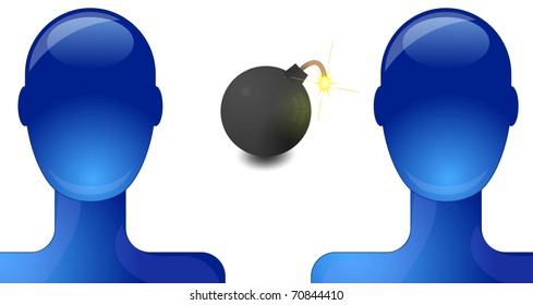 Two blue persons with bomb on white.