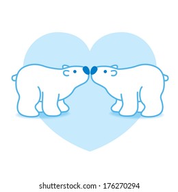 Two Blue Pink Arctic Polar Bears with Blue Noses Kissing in Heart Graphic Background - Vector