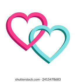 Zwei blaue und rosafarbene Herzen sind miteinander verbunden. Design-Element. Vektorgrafik