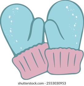 Two blue and pink mittens are shown. The mittens are blue and pink and are holding hands