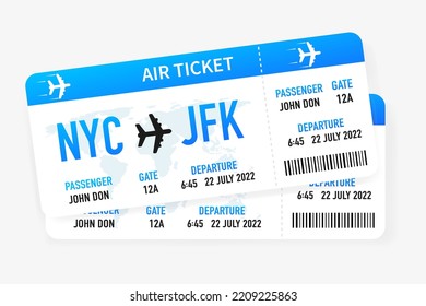 two blue plane tickets on a white background. Vector illustration