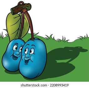 Two Blue Plums with Smiling Face Hanging on Twig - Colored Cartoon Illustration with Background, Vector