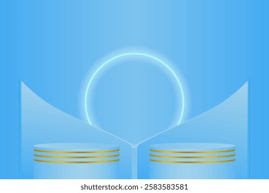 Two blue podiums with gold line accents, attached to a curved reflective wall, with circular light decorations, create a futuristic and elegant look in a minimalist design.