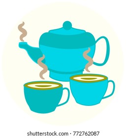 Two blue porcelain cups with hot green or black tea and a teapot, all for a tea ceremony, a tea party for two, vector illustration