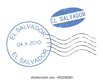 Two blue postal grunge stamps 'El Salvador'. White background.