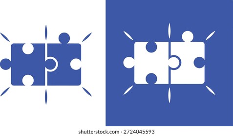 Zwei blaue Puzzleteile verbunden mit weißen Kreisen und umgebenden Formen