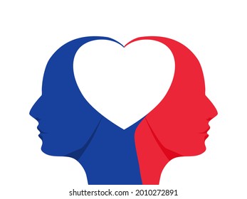 Two blue and red head shadows form a heart. Concept of love and peace. vector illustration