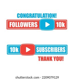 Dos banderas azules y rojas de medios sociales con 50 mil seguidores y suscriptores marcan felicitaciones aisladas en fondo blanco