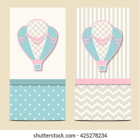 Two blue retro styled banner templates with vintage hot air balloon, vector illustration, eps 10 with transparency