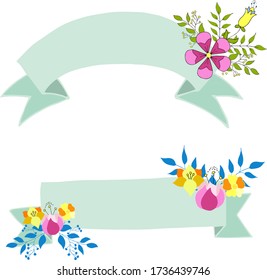 Two blue ribbons with doodle flowers as a gift. on holiday. Vector hand draw  Illustration EPS10