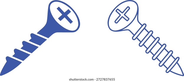 Dos tornillos azules con cabezas cruzadas sobre fondo blanco