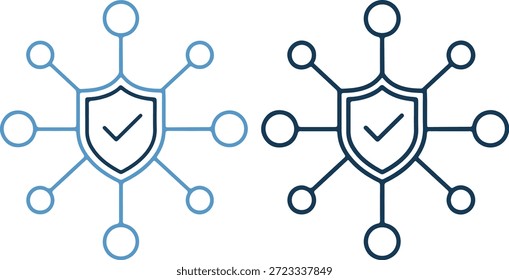 Dos iconos azules del escudo con la marca de verificación y la red en el fondo blanco, diseño detallado con las líneas y los círculos