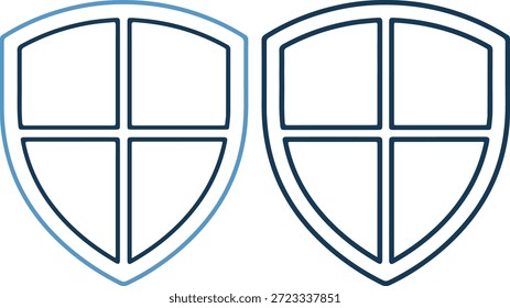 Dos íconos de escudo azul con secciones transversales, uno delineado en azul claro, sobre un fondo blanco puro, gráficos de Vector
