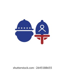 Two blue silhouettes side by side on white background One features stars the other a symbol Red and white accents are present. Vector graphic style.