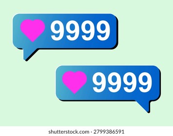 Two blue speech bubbles with a pink heart and the number 9999, representing social media likes and notifications.